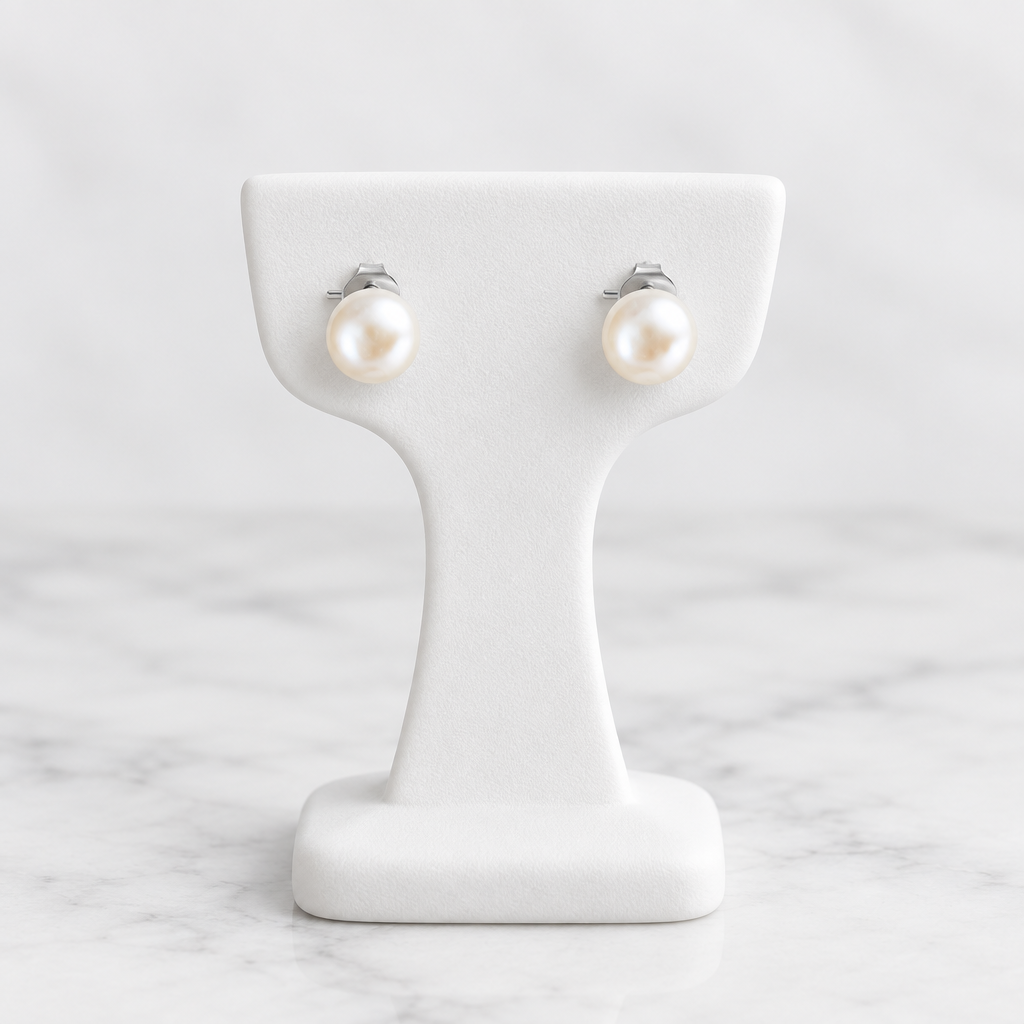 LDJ-1519 small freshwater pearl stud earrings on a white porcelain display and marble background