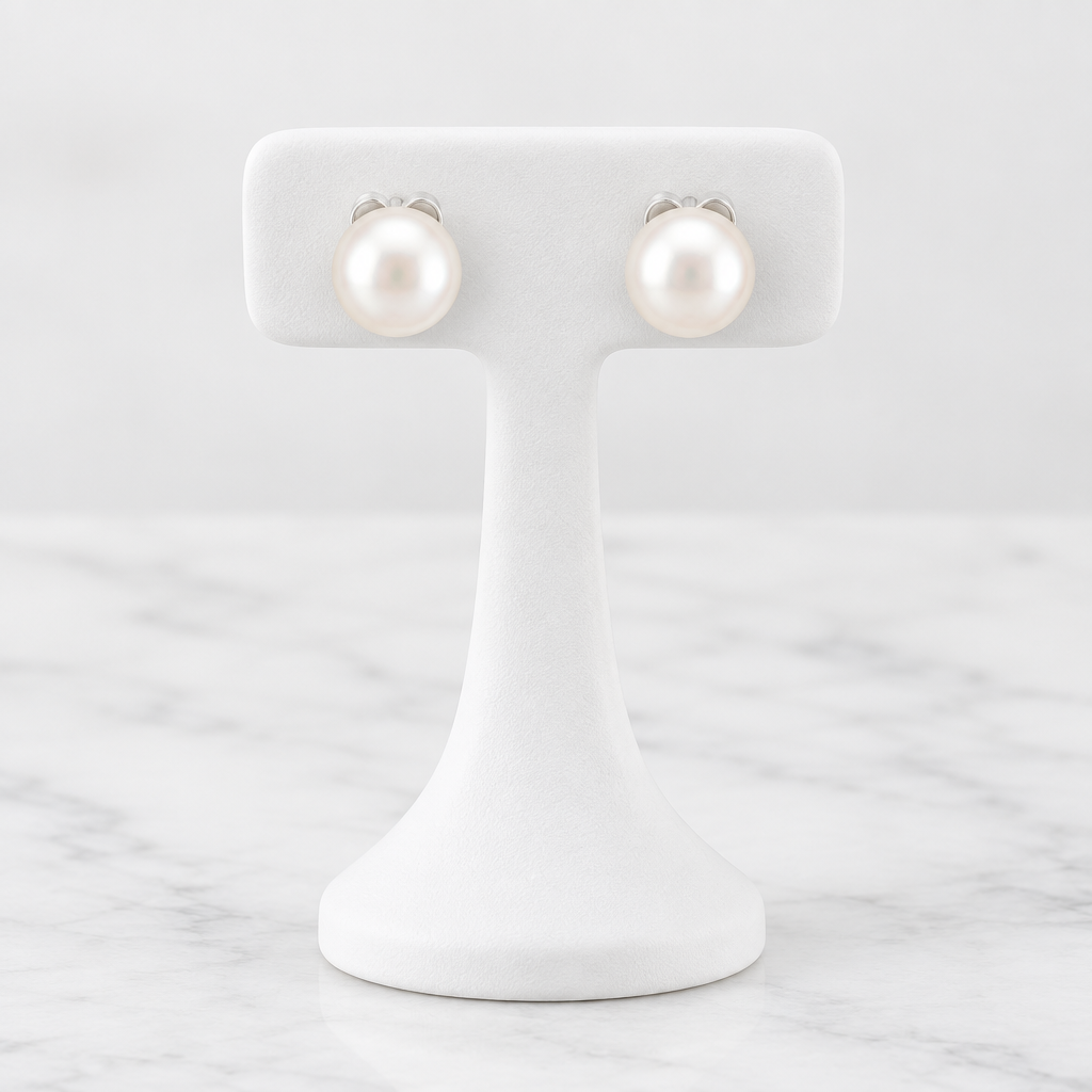 LDJ-1520 medium freshwater pearl stud earrings on a white porcelain display and marble background