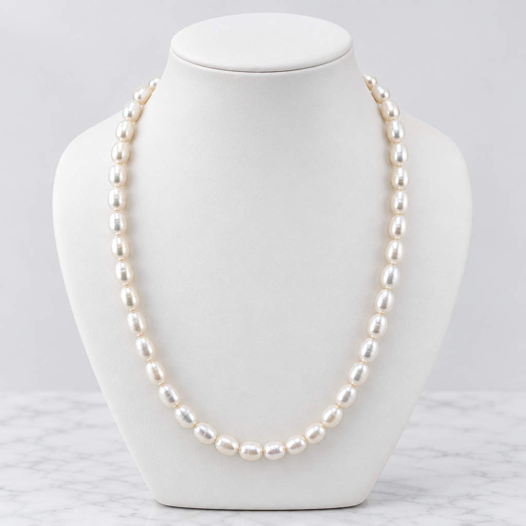 LDJ-1533 creamy-white freshwater pearl choker on a white porcelain bust and marble background