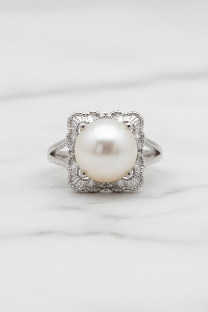 Pearl cocktail ring on white porcelain stand
