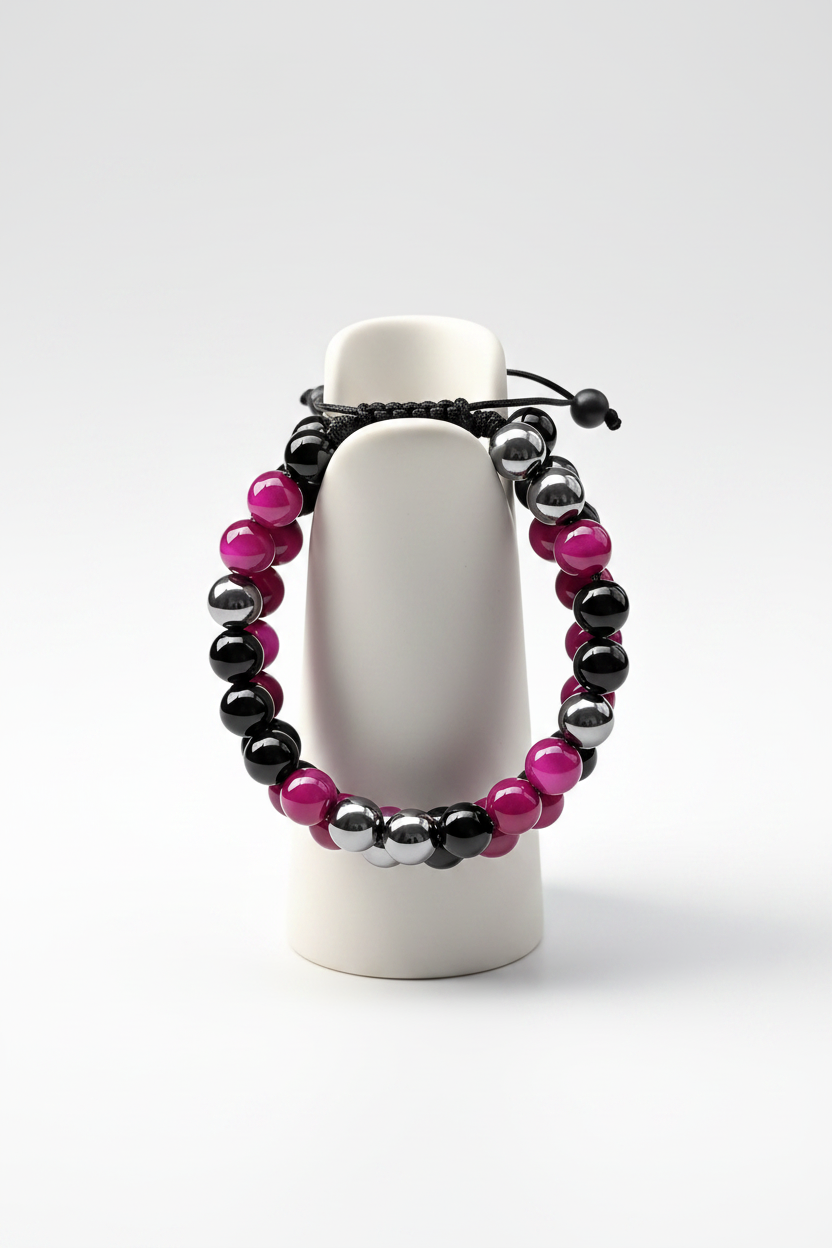 Pink bracelet on ceramic jewellery stand