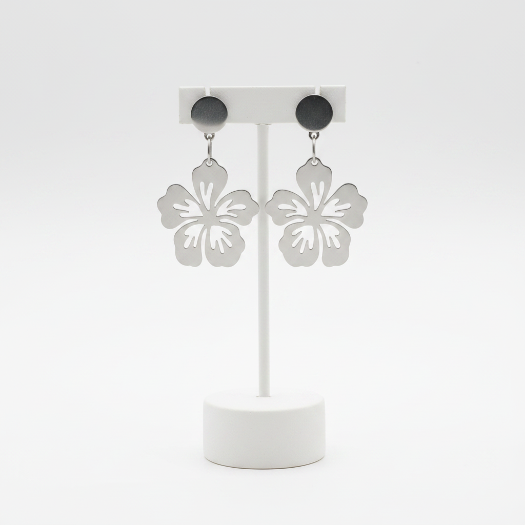 Silver Hibiscus Drop Earrings on Stand