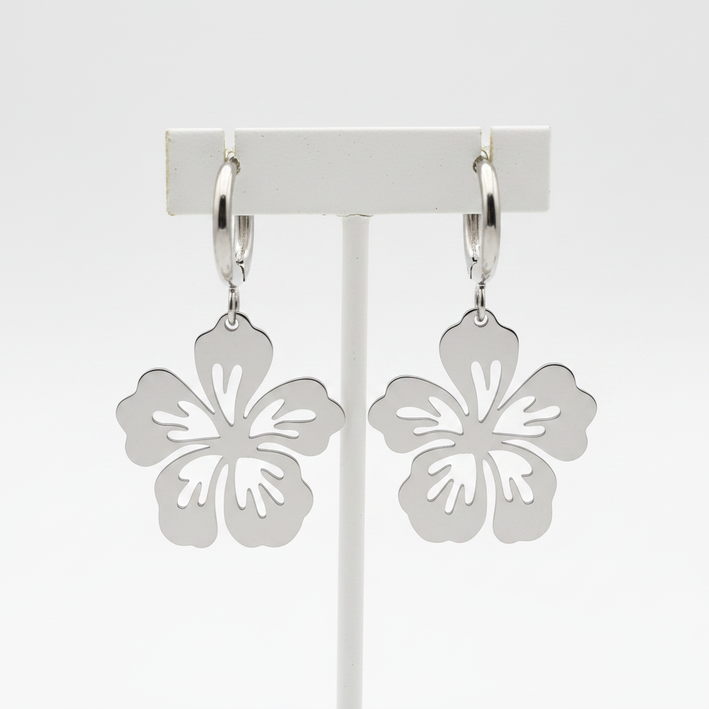 Silver Hibiscus Hoop Earrings on Stand