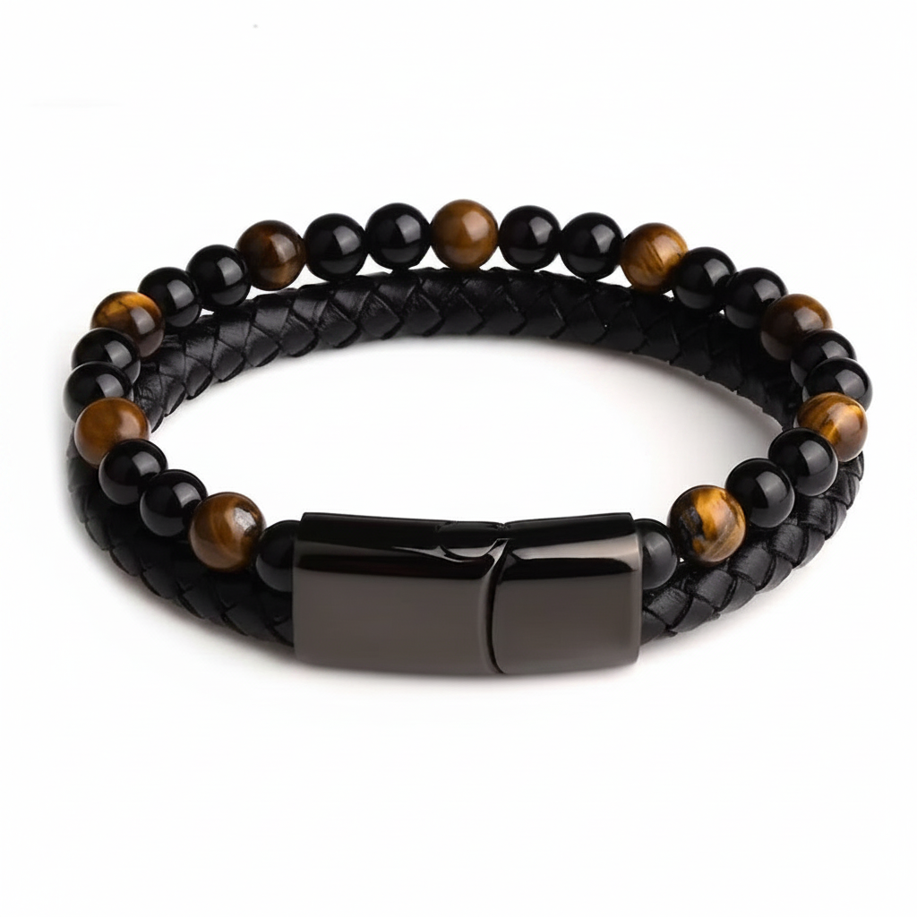Tiger eye leather bracelet flat lay white background