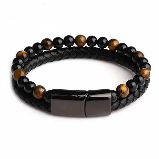 Tiger eye leather bracelet flat lay white background