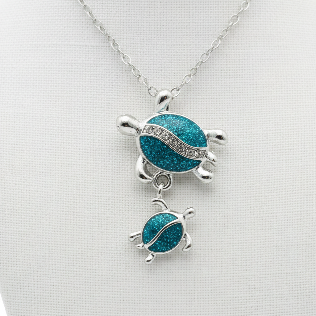 Turtle necklace cable chain - tight close-up pendant detail
