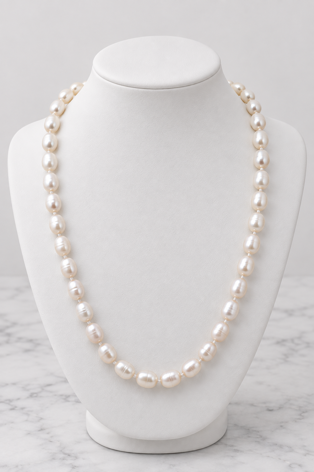 White pearl necklace on white porcelain bust, marble background