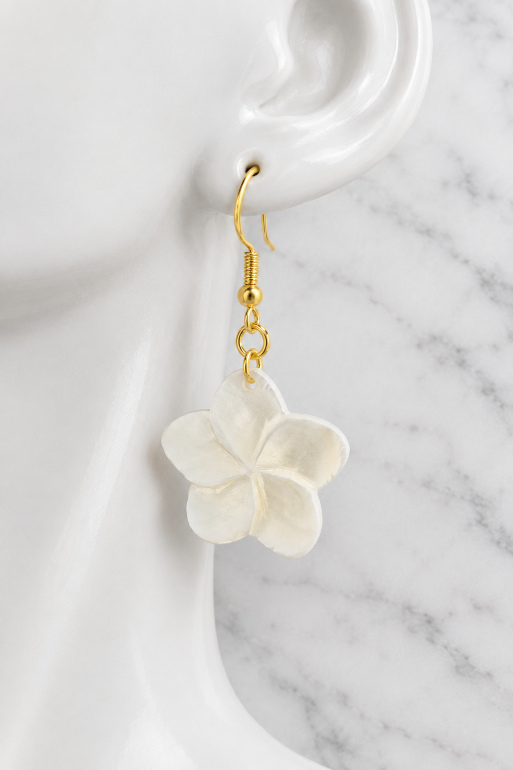 White shell flower earring with gold hook