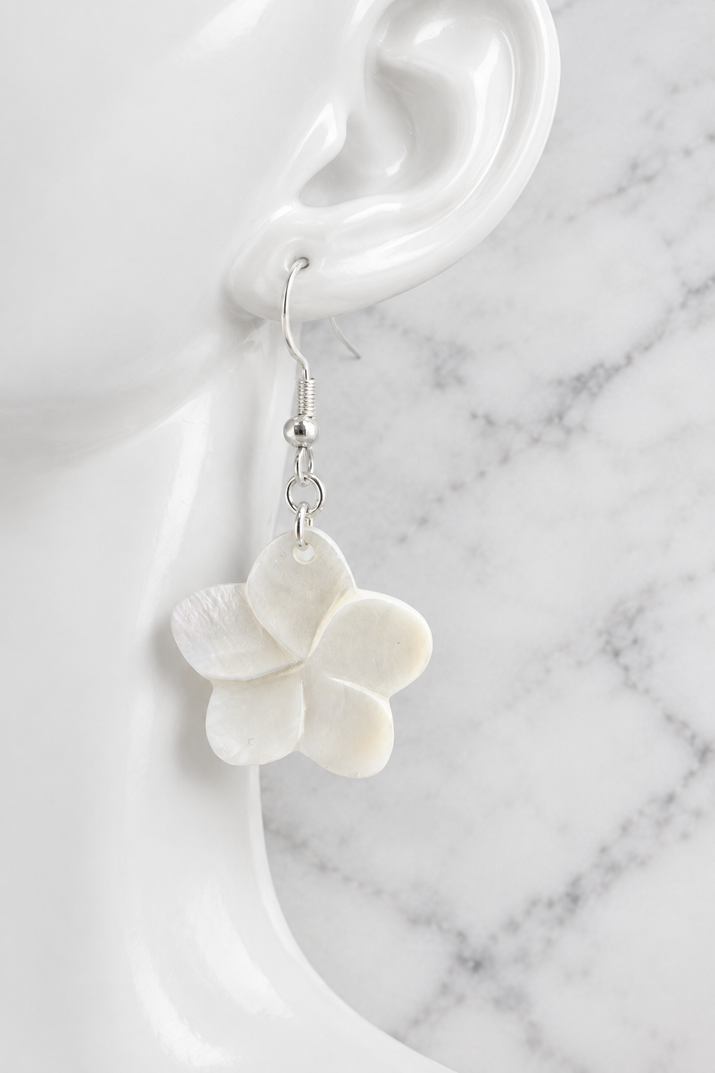 White shell flower earring with silver hook